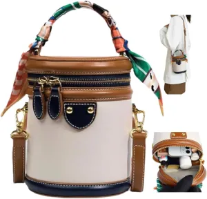 Colorblock Bucket Bag for Women, 2025 New Summer Niche Design Cylinder Bag, Luxury Leather Bucket Handbag,Ribbon Handle