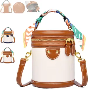Colorblock Bucket Bag for Women - Design Cylinder Bag, Trendy PU Leather Crossbody Purse with Adjustable Strap