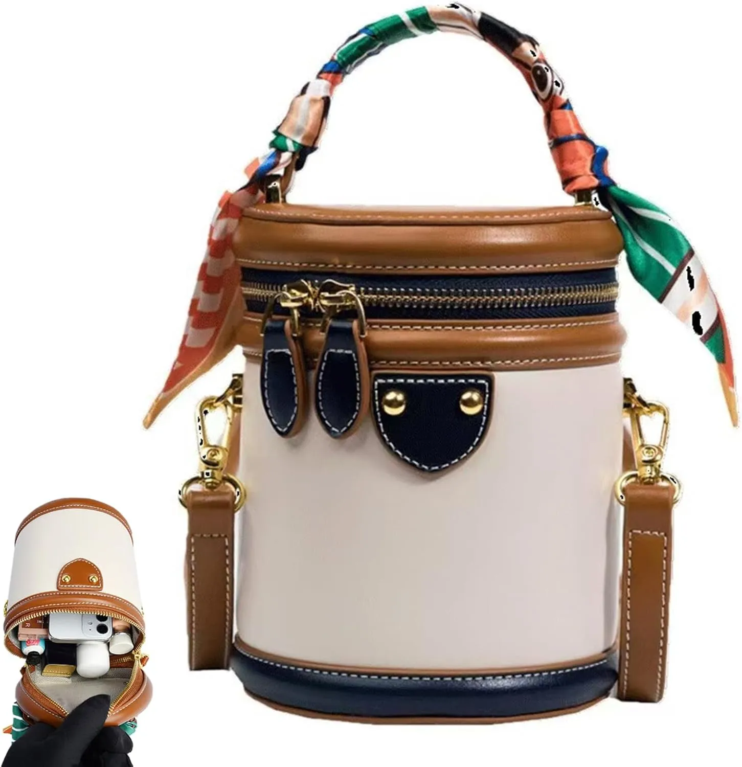Colorblock Bucket Bag For Women, Novusfind Luxury Leather Shoulder Bag,2025 Summer Fashion Cylindrical Crossbody Bag