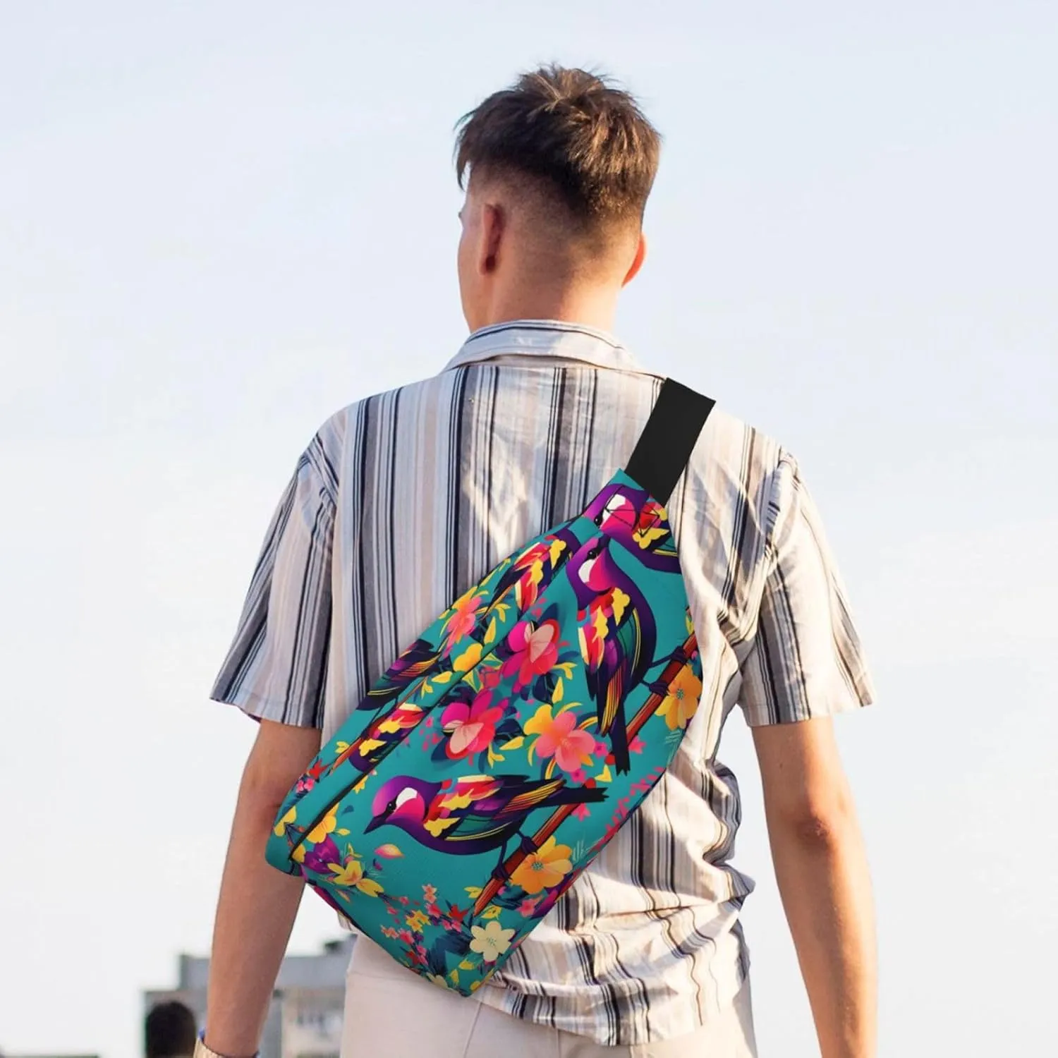Colorful Flowers Bird Fanny Pack Crossbody Sling Bag â€“ Zipper Pockets for Travel, Hiking, Cycling, Workouts, and Everyday Use