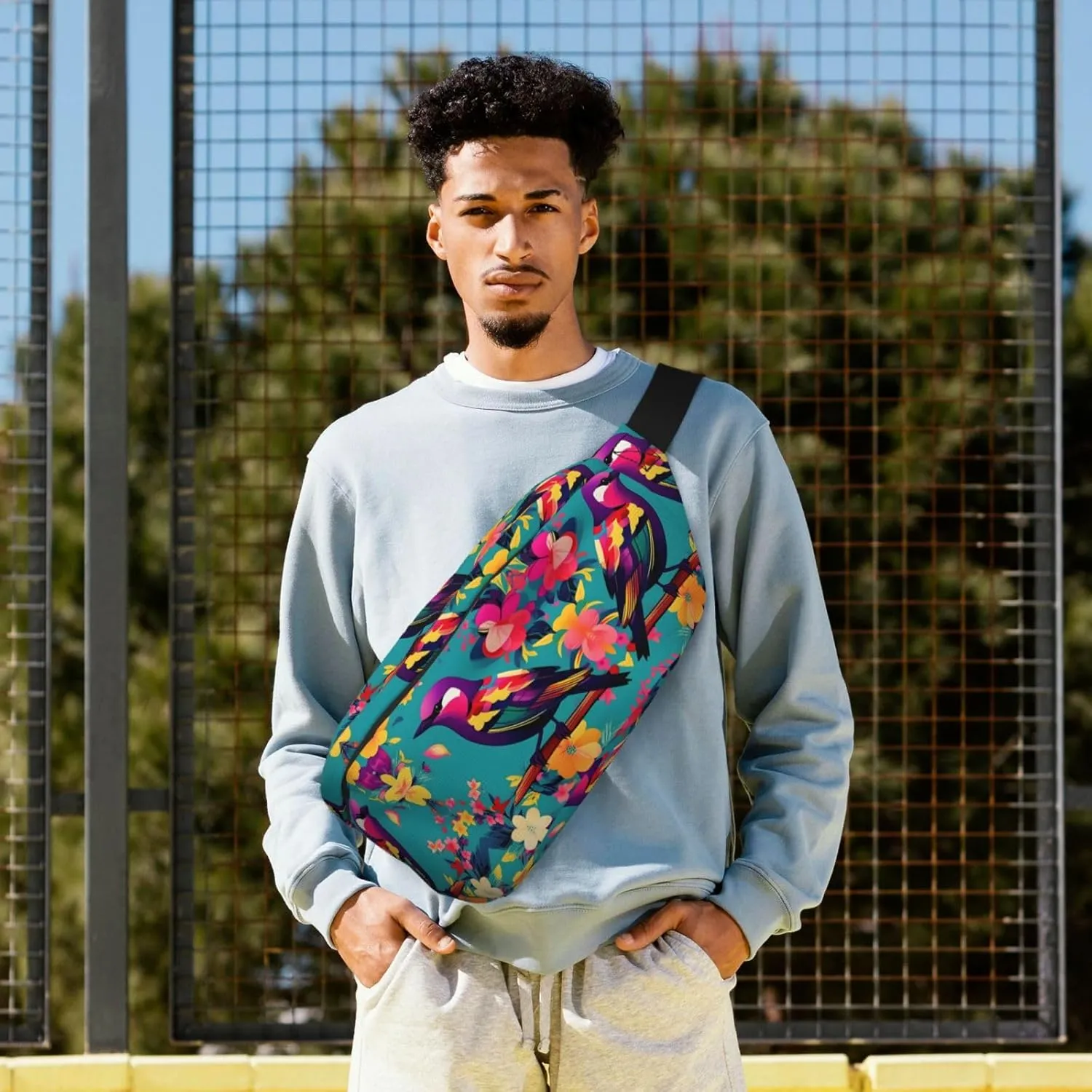 Colorful Flowers Bird Fanny Pack Crossbody Sling Bag â€“ Zipper Pockets for Travel, Hiking, Cycling, Workouts, and Everyday Use