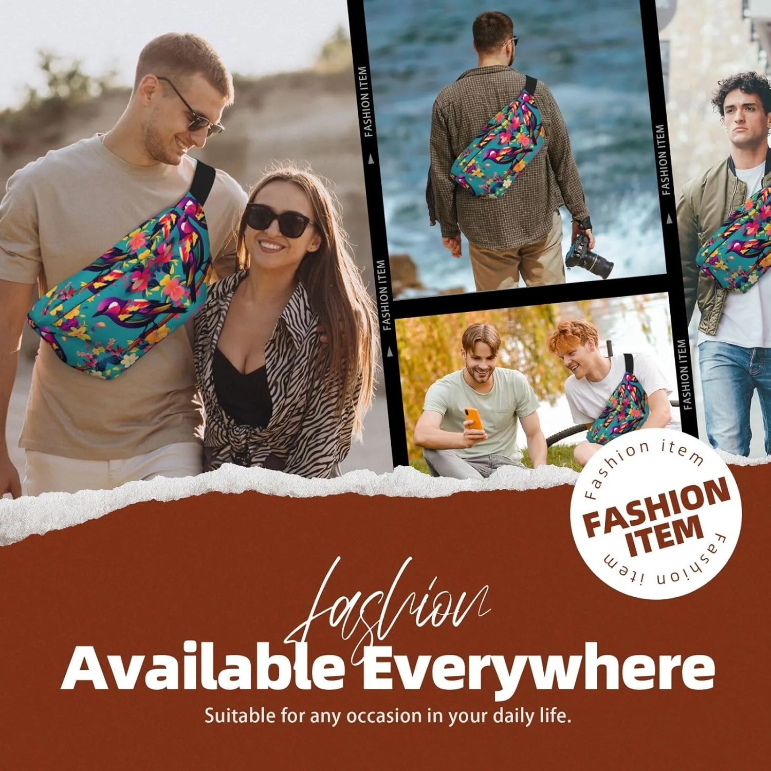 Colorful Flowers Bird Fanny Pack Crossbody Sling Bag â€“ Zipper Pockets for Travel, Hiking, Cycling, Workouts, and Everyday Use