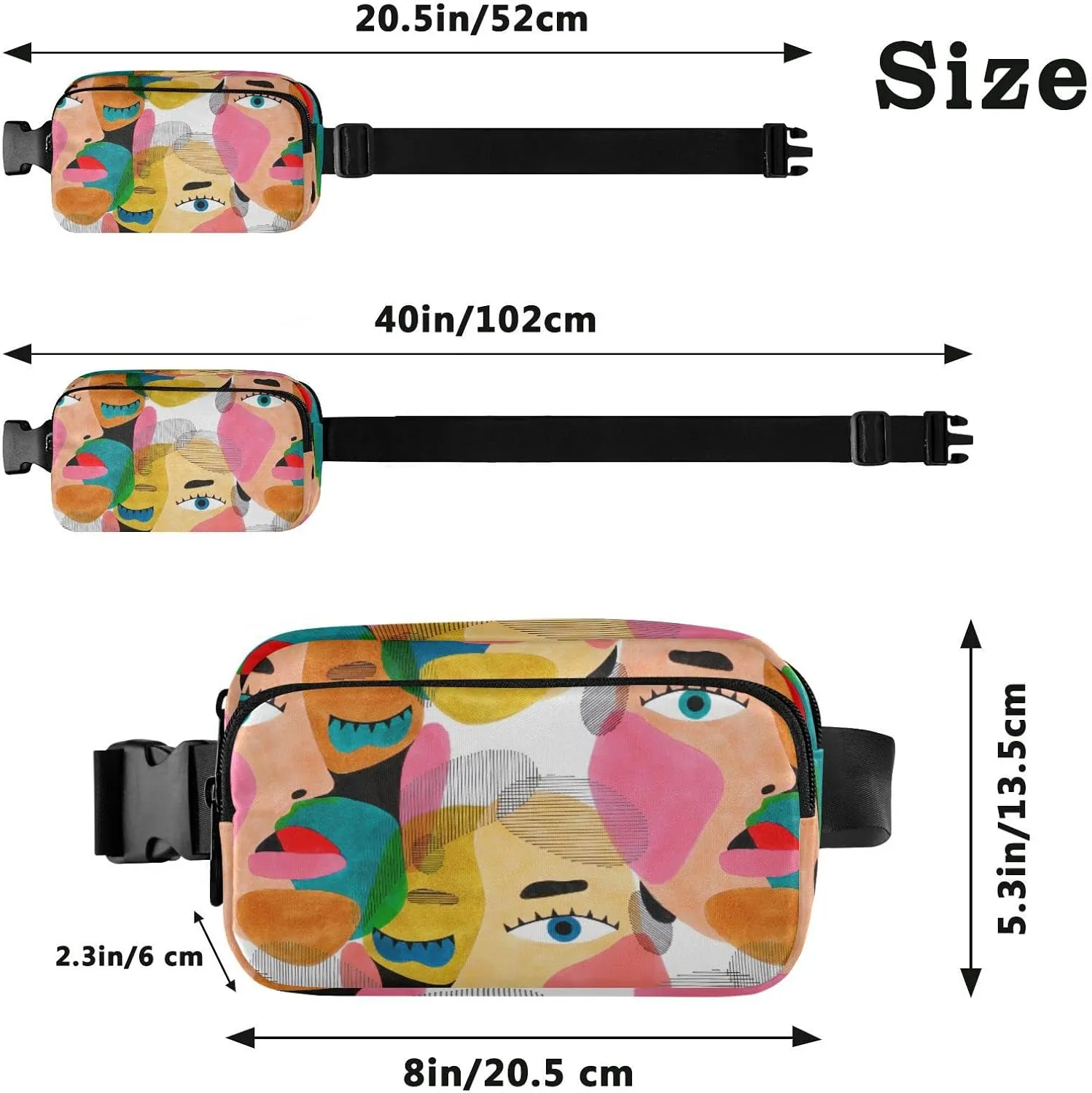 Colorful Human Male Female Portrait Texture Modern Abstract Style Adjustable Belt Running Bag, Crossbody Fanny Pack Waist Runners Bag Tote for Women Men Sports Hiking Fitness Exercise Gym Pouch