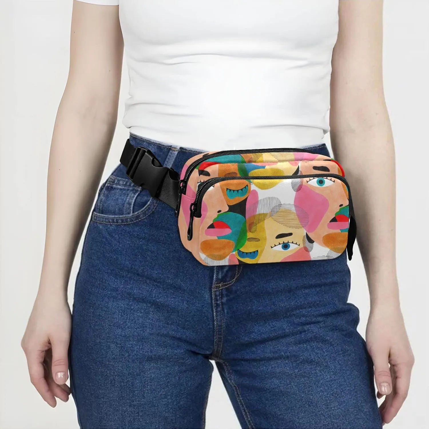 Colorful Human Male Female Portrait Texture Modern Abstract Style Adjustable Belt Running Bag, Crossbody Fanny Pack Waist Runners Bag Tote for Women Men Sports Hiking Fitness Exercise Gym Pouch