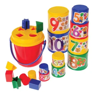 Constructive Playthings Sort, Count and Stack 19 pc. Set with 5 1/2" Diam. Bucket and 10 Numbered Stacking Cups That Make a 28 1/2" Tower; for Ages 12 Months and Up