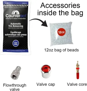 Counteract 12OZ-B12 Centrifugal Force Tire/Wheel Balancing Beads - Off-Road Vehicles, Light Duty Truck Tires, (12) 12oz Balance Bead Bags, (12) Valve Caps and Cores