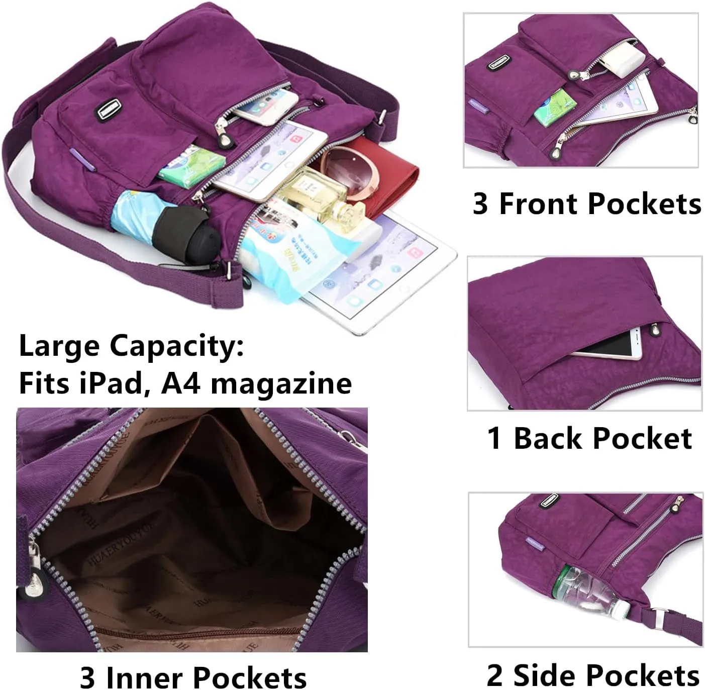 Crossbody Bags for Women Multi-pocket Padded Shoulder Bag Waterproof Nylon Travel Pocketbook