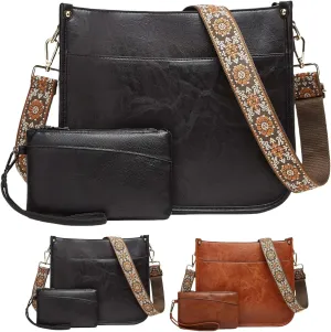 Crossbody Bags for Women Trendy 2PCS/Set with Adjustable Guitar Strap Leather Hobo Handbag Wallet Set Shoulder Purse