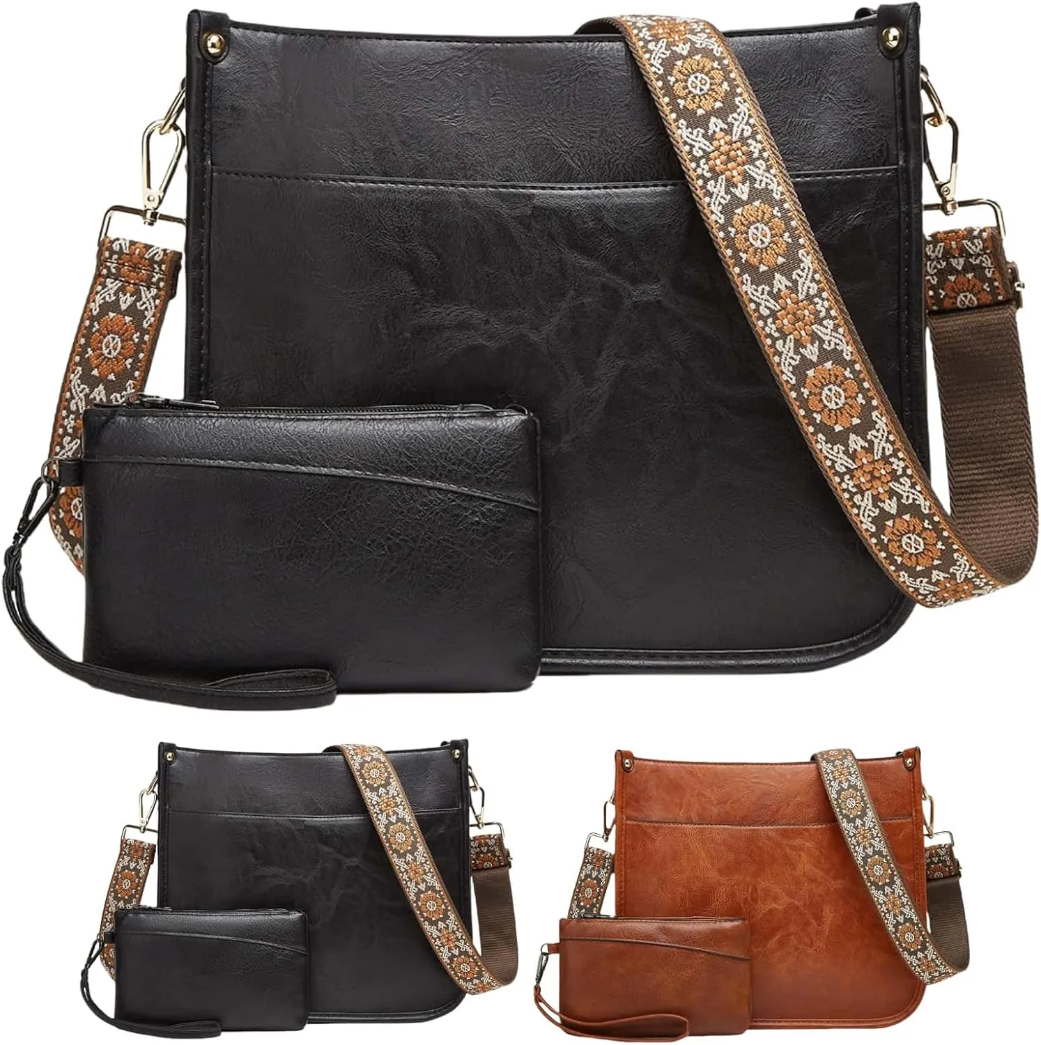 Crossbody Bags for Women Trendy 2PCS/Set with Adjustable Guitar Strap Leather Hobo Handbag Wallet Set Shoulder Purse