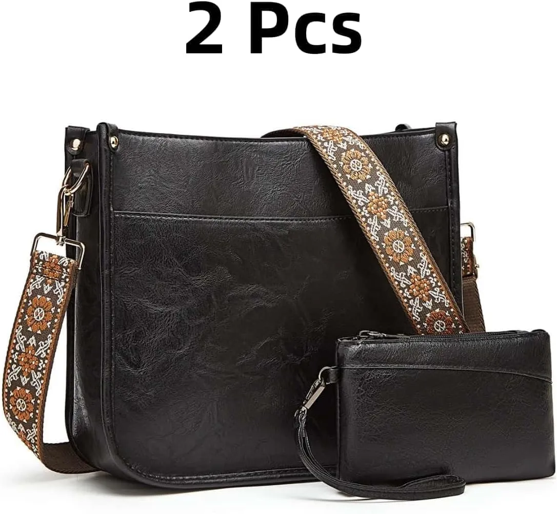 Crossbody Bags for Women Trendy 2PCS/Set with Adjustable Guitar Strap Leather Hobo Handbag Wallet Set Shoulder Purse