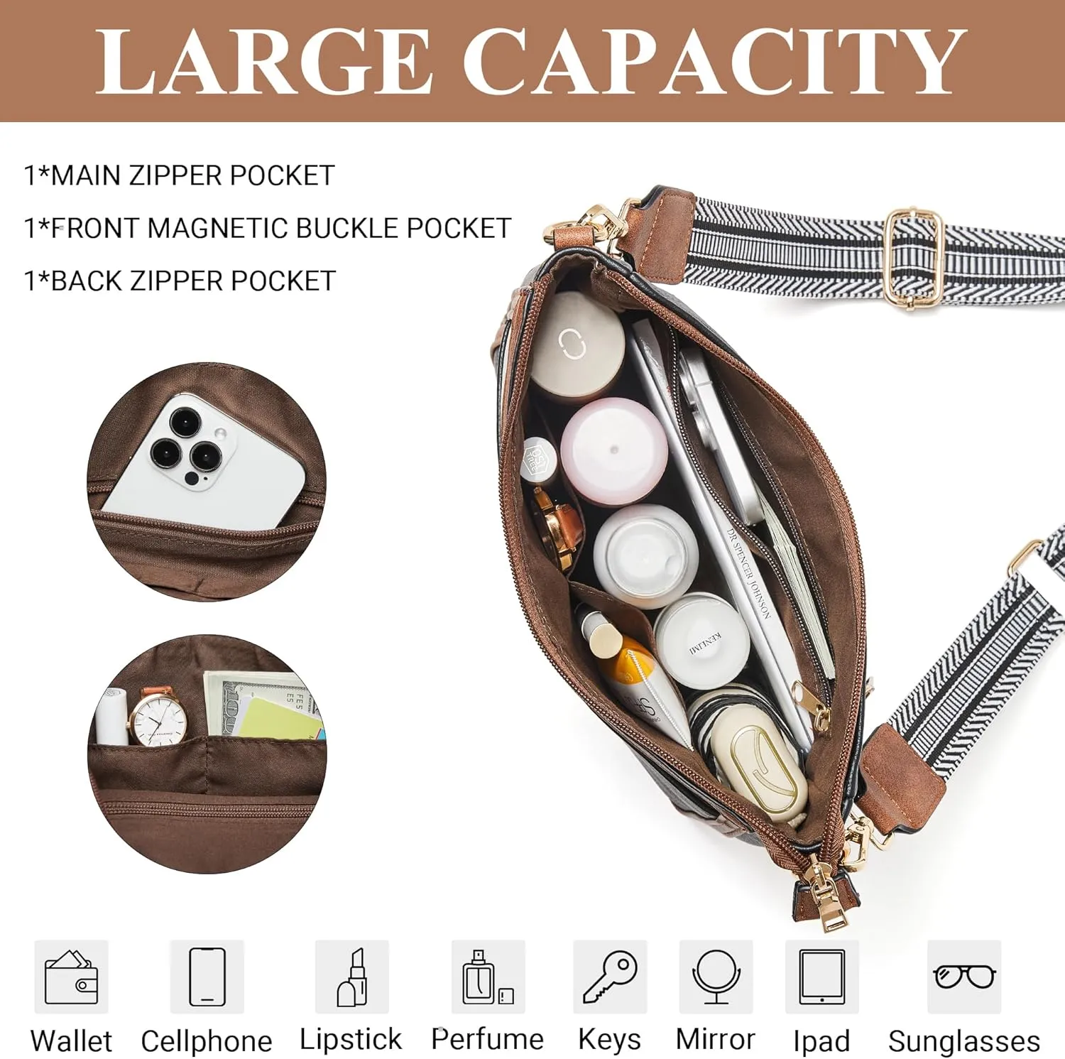 Crossbody Bags for Women Vegan Leather Hobo Purses Travel Shoulder Handbags with Detachable Wide Guitar Strap