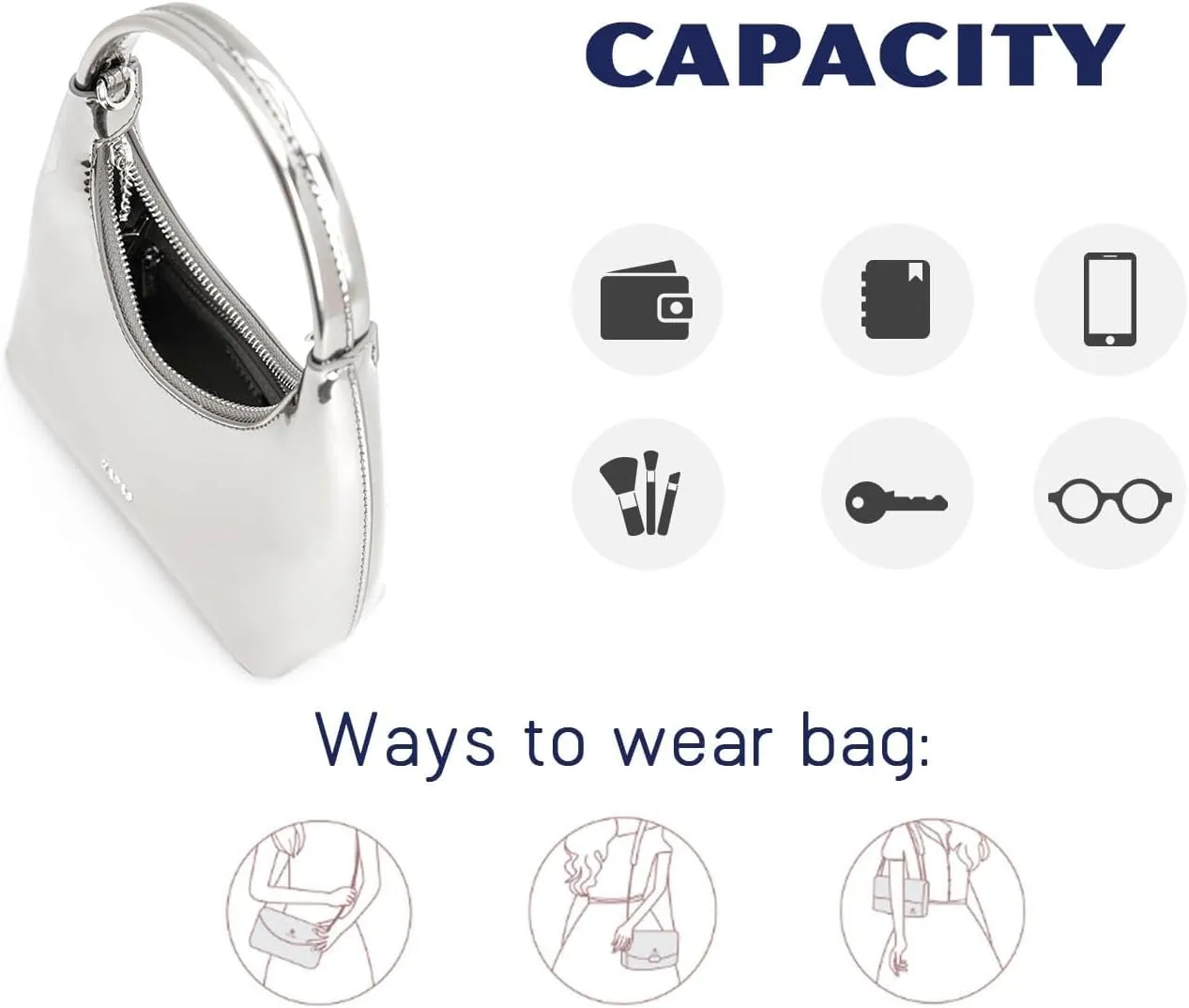 Crossbody Bags Small Handbags, Mirror Silver Handbag for Women