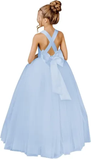 Crossed Straps Flower Girl Dress Satin Long Prom Dress with Bow Puffy Tulle Kids Pageant Dresses for Girls