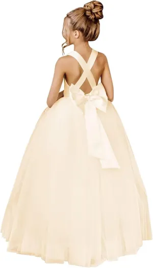 Crossed Straps Flower Girl Dress Satin Long Prom Dress with Bow Puffy Tulle Kids Pageant Dresses for Girls