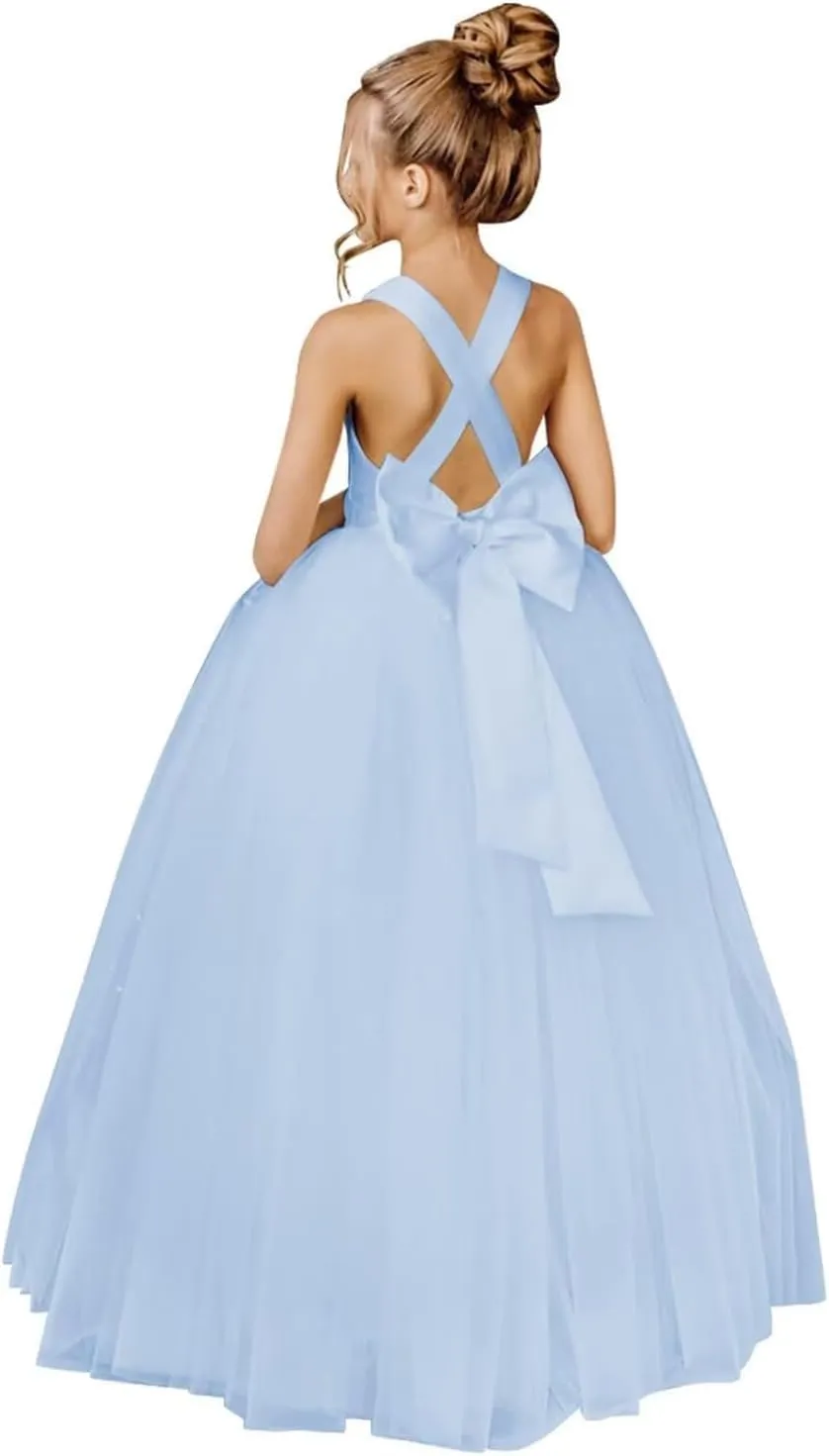 Crossed Straps Flower Girl Dress Satin Long Prom Dress with Bow Puffy Tulle Kids Pageant Dresses for Girls