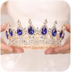 Crystal Queen Crown Wedding Tiara Vintage Full Round Blue Teardrop Crystal Rhinestone Headband Hair Accessories for Women Bridal Prom Birthday Costume Party(Blue)