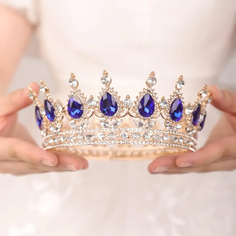 Crystal Queen Crown Wedding Tiara Vintage Full Round Blue Teardrop Crystal Rhinestone Headband Hair Accessories for Women Bridal Prom Birthday Costume Party(Blue)
