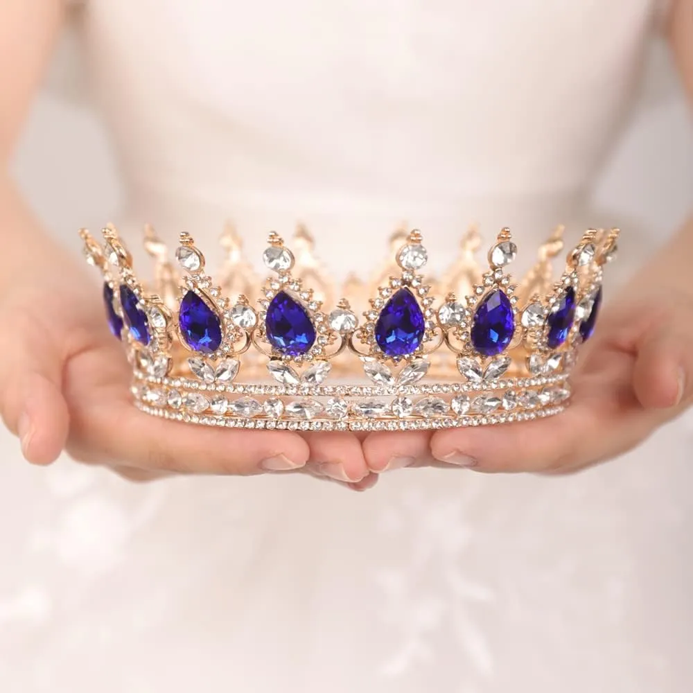 Crystal Queen Crown Wedding Tiara Vintage Full Round Blue Teardrop Crystal Rhinestone Headband Hair Accessories for Women Bridal Prom Birthday Costume Party(Blue)