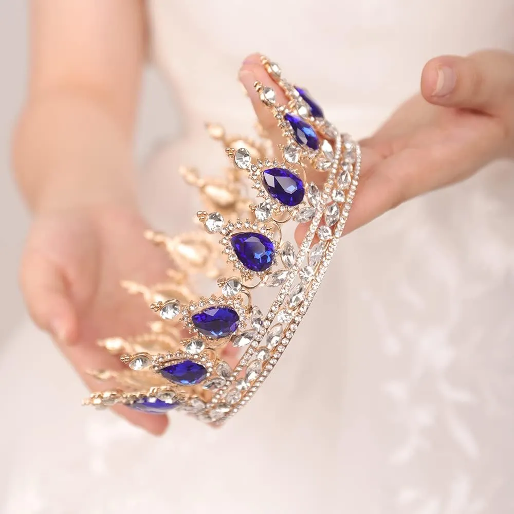 Crystal Queen Crown Wedding Tiara Vintage Full Round Blue Teardrop Crystal Rhinestone Headband Hair Accessories for Women Bridal Prom Birthday Costume Party(Blue)