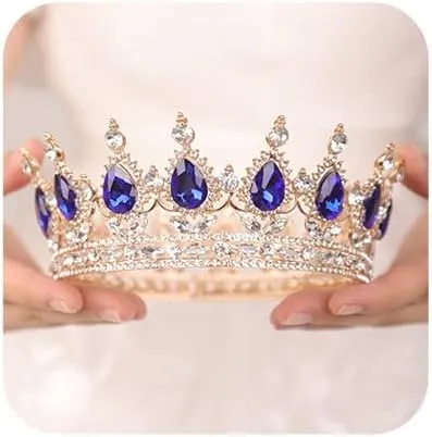 Crystal Queen Crown Wedding Tiara Vintage Full Round Blue Teardrop Crystal Rhinestone Headband Hair Accessories for Women Bridal Prom Birthday Costume Party(Blue)