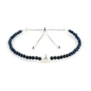 CRYSTALIS Natural Blue Sapphire Beads Slider Bracelet with Elegant Pearl, High Grade Beaded Crystals, Chakra Healing Gemstone, Gift Giving Women Jewelry, 925 Sterling Silver Slider 10 inch