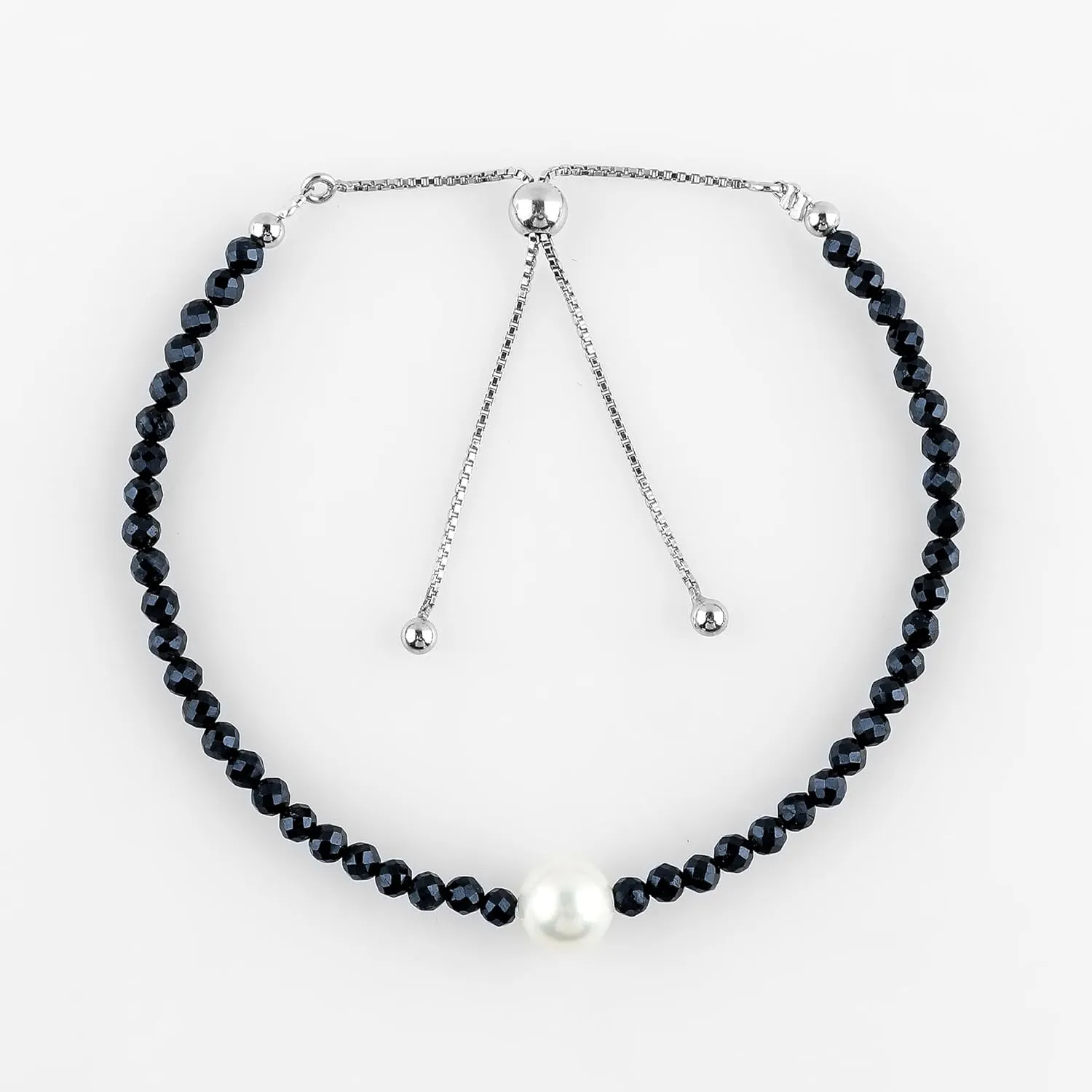 CRYSTALIS Natural Blue Sapphire Beads Slider Bracelet with Elegant Pearl, High Grade Beaded Crystals, Chakra Healing Gemstone, Gift Giving Women Jewelry, 925 Sterling Silver Slider 10 inch