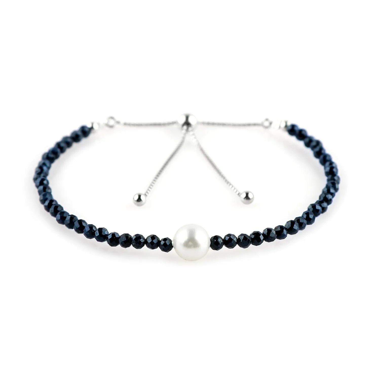 CRYSTALIS Natural Blue Sapphire Beads Slider Bracelet with Elegant Pearl, High Grade Beaded Crystals, Chakra Healing Gemstone, Gift Giving Women Jewelry, 925 Sterling Silver Slider 10 inch