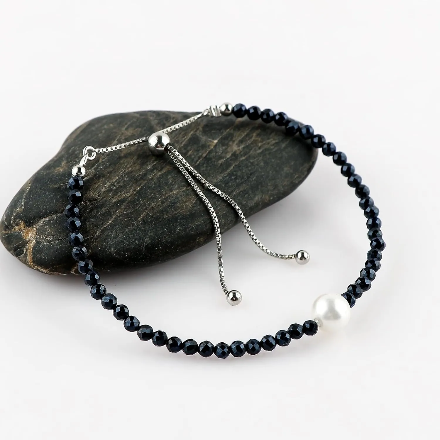 CRYSTALIS Natural Blue Sapphire Beads Slider Bracelet with Elegant Pearl, High Grade Beaded Crystals, Chakra Healing Gemstone, Gift Giving Women Jewelry, 925 Sterling Silver Slider 10 inch