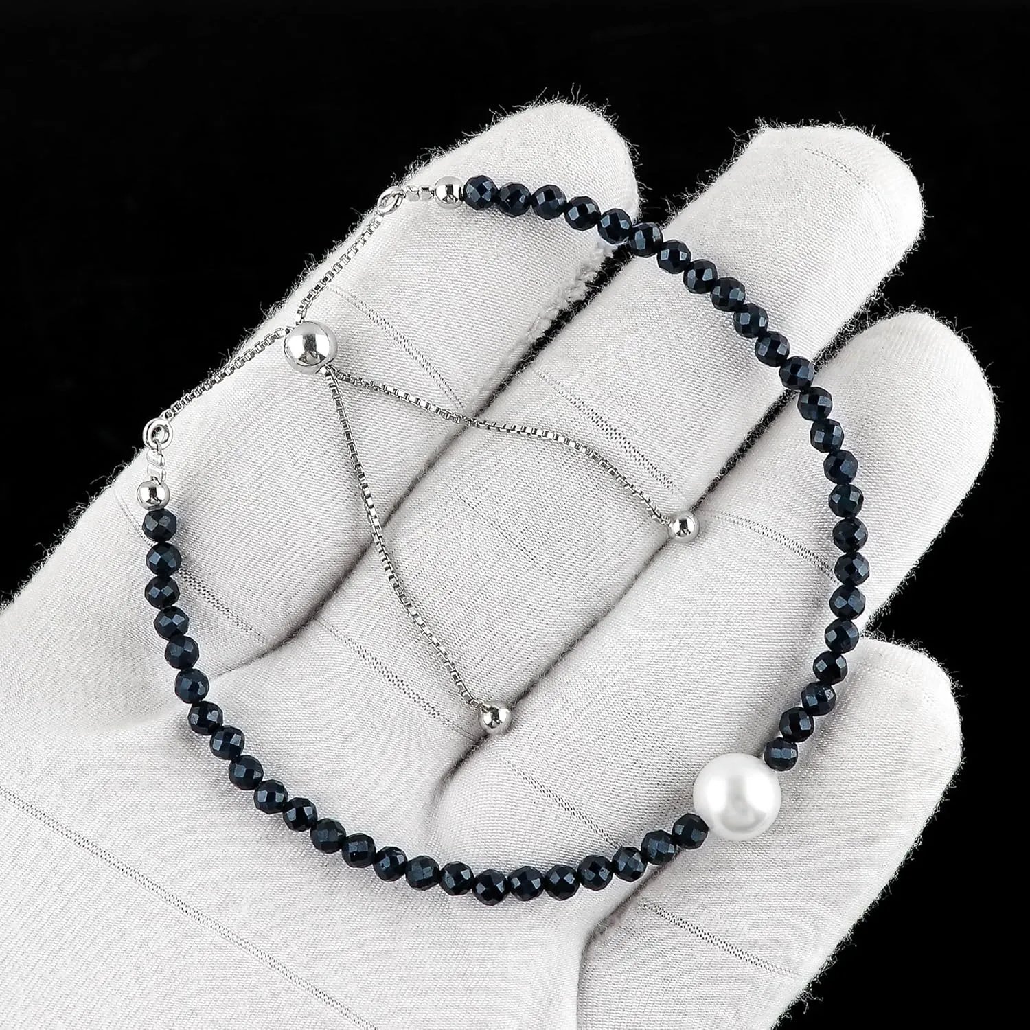 CRYSTALIS Natural Blue Sapphire Beads Slider Bracelet with Elegant Pearl, High Grade Beaded Crystals, Chakra Healing Gemstone, Gift Giving Women Jewelry, 925 Sterling Silver Slider 10 inch
