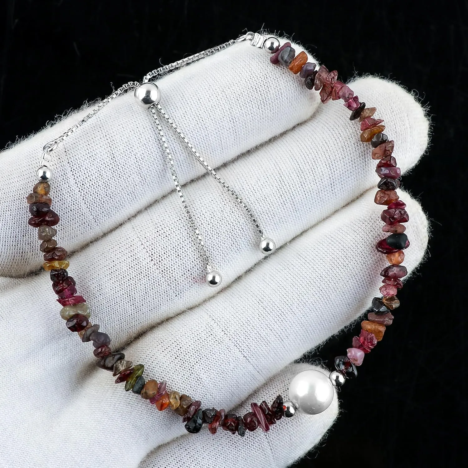 CRYSTALIS Natural Tundra Sapphire Beads Slider Bolo Bracelet with Elegant Pearl, High Grade Nuggets Crystal, Chakra Healing Gemstone, Gift Giving Women Jewelry, 925 Sterling Silver Slider 10"