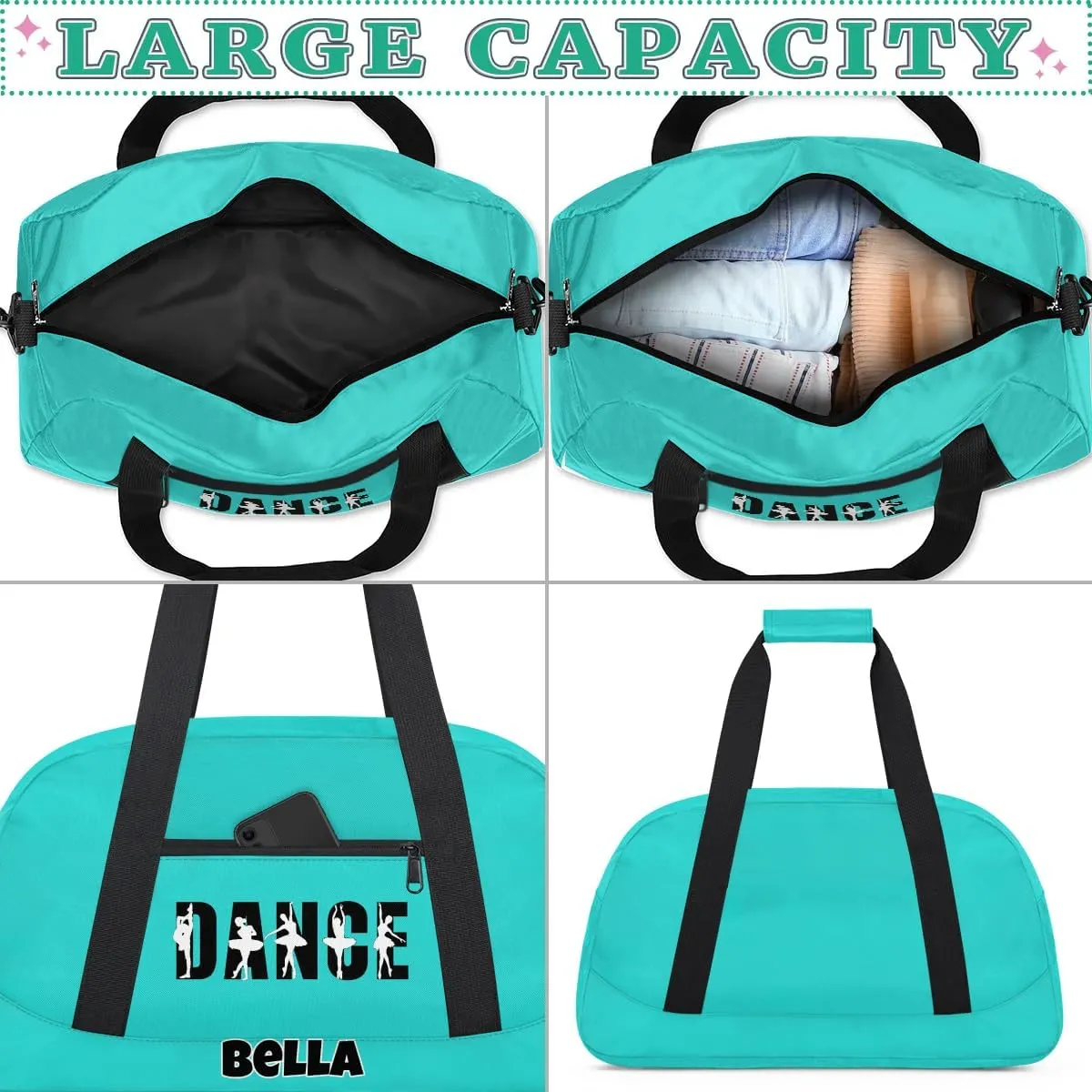 Custom Dance Gym Bag Ballet Personalized Name Sport Duffel Bag for Girls Carry On Overnight Weekender Travel Bag Training Bags, Peacock Green