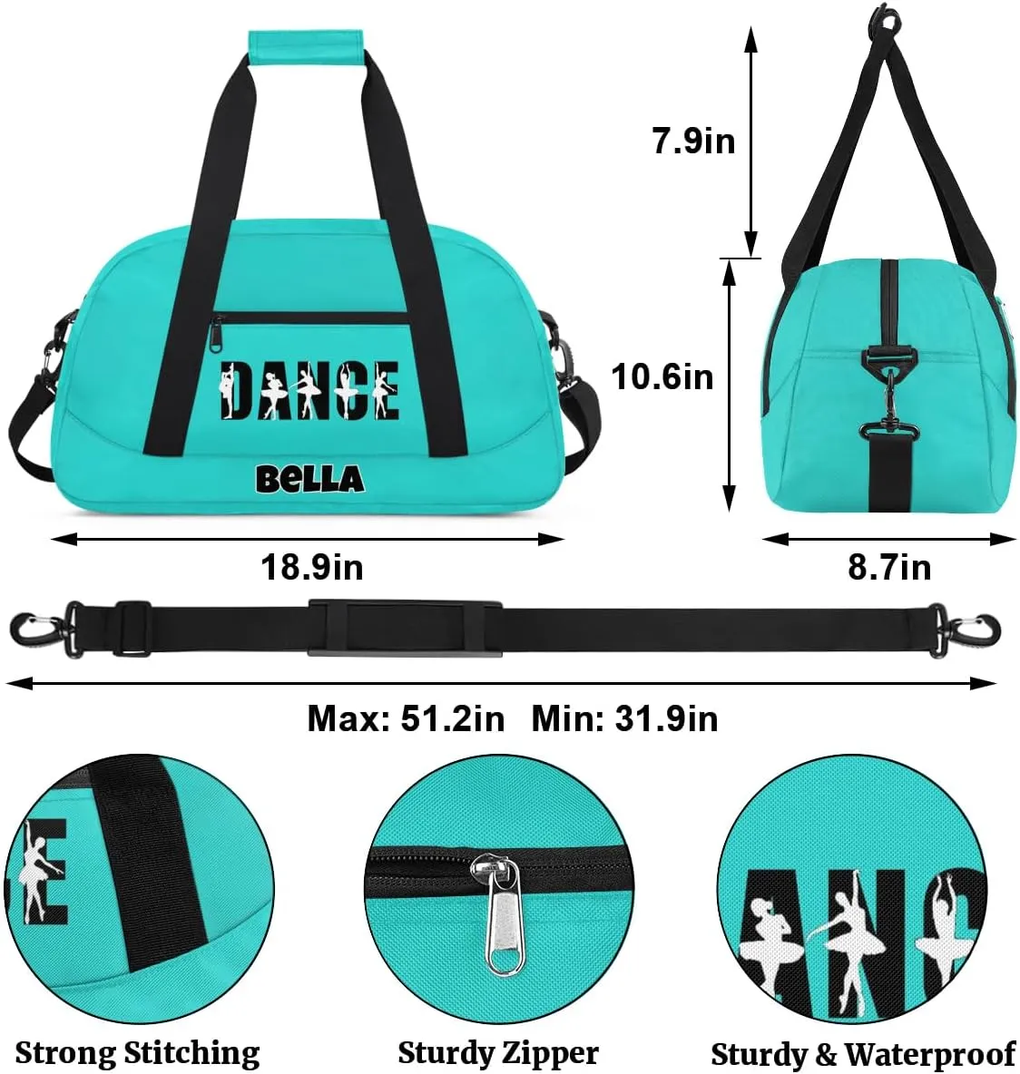 Custom Dance Gym Bag Ballet Personalized Name Sport Duffel Bag for Girls Carry On Overnight Weekender Travel Bag Training Bags, Peacock Green