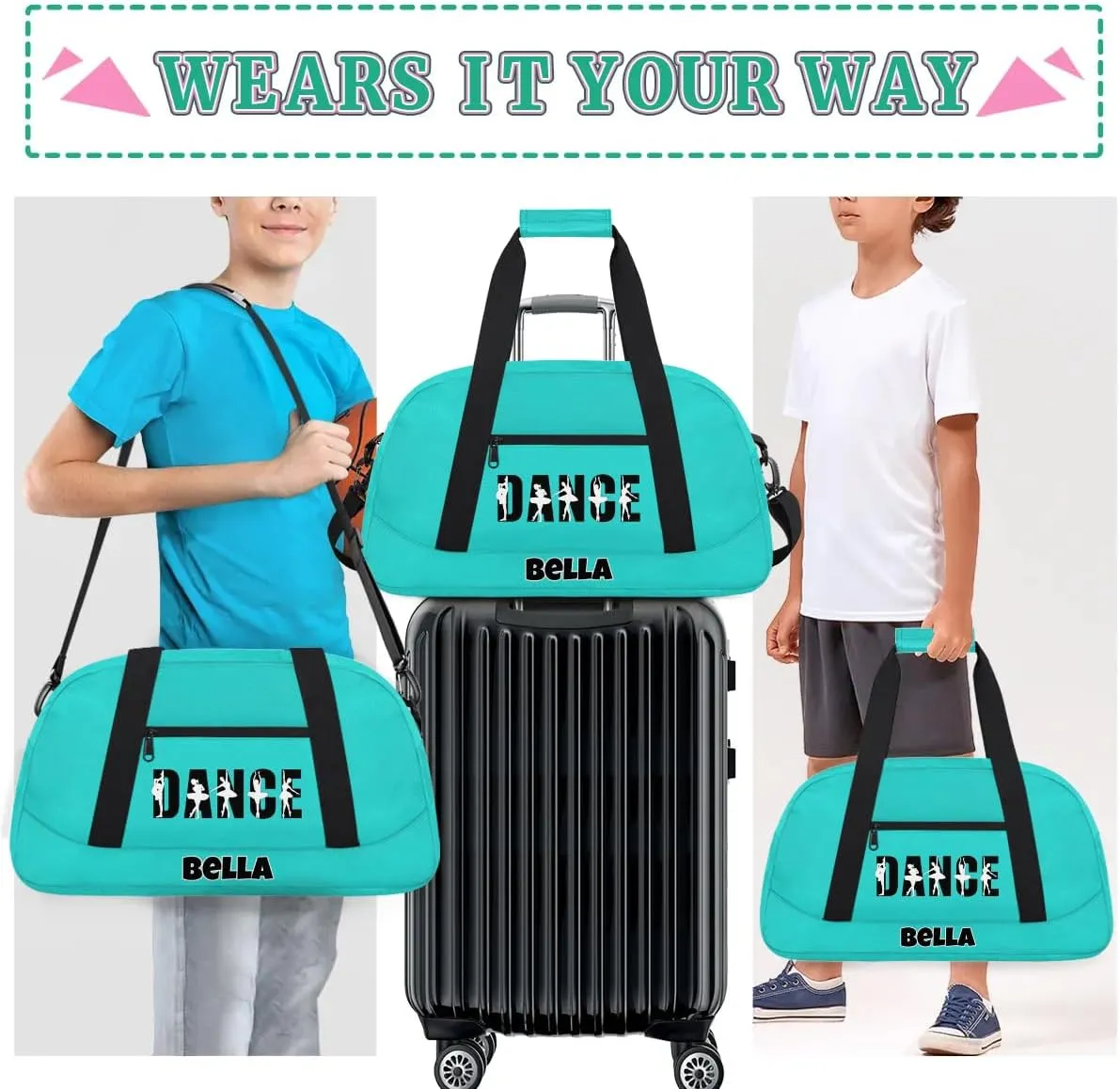 Custom Dance Gym Bag Ballet Personalized Name Sport Duffel Bag for Girls Carry On Overnight Weekender Travel Bag Training Bags, Peacock Green