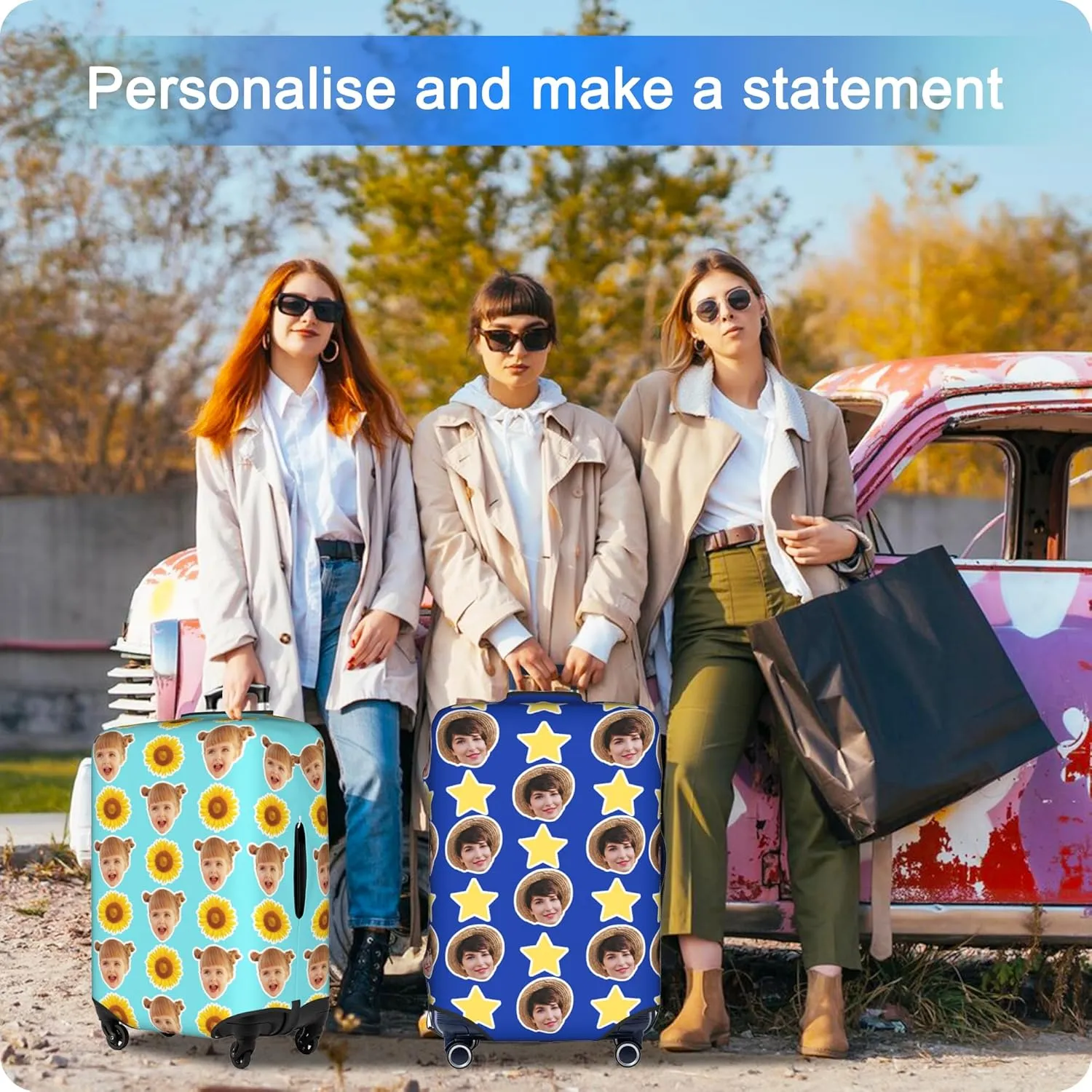 Custom Luggage Cover Personalized Suitcase Cover Add Your Name Photo Text Logo Double Sided Design Customized Elastic Protector Washable luggage cover protector for Travel（S-XL） (Avatar with icon, XL)