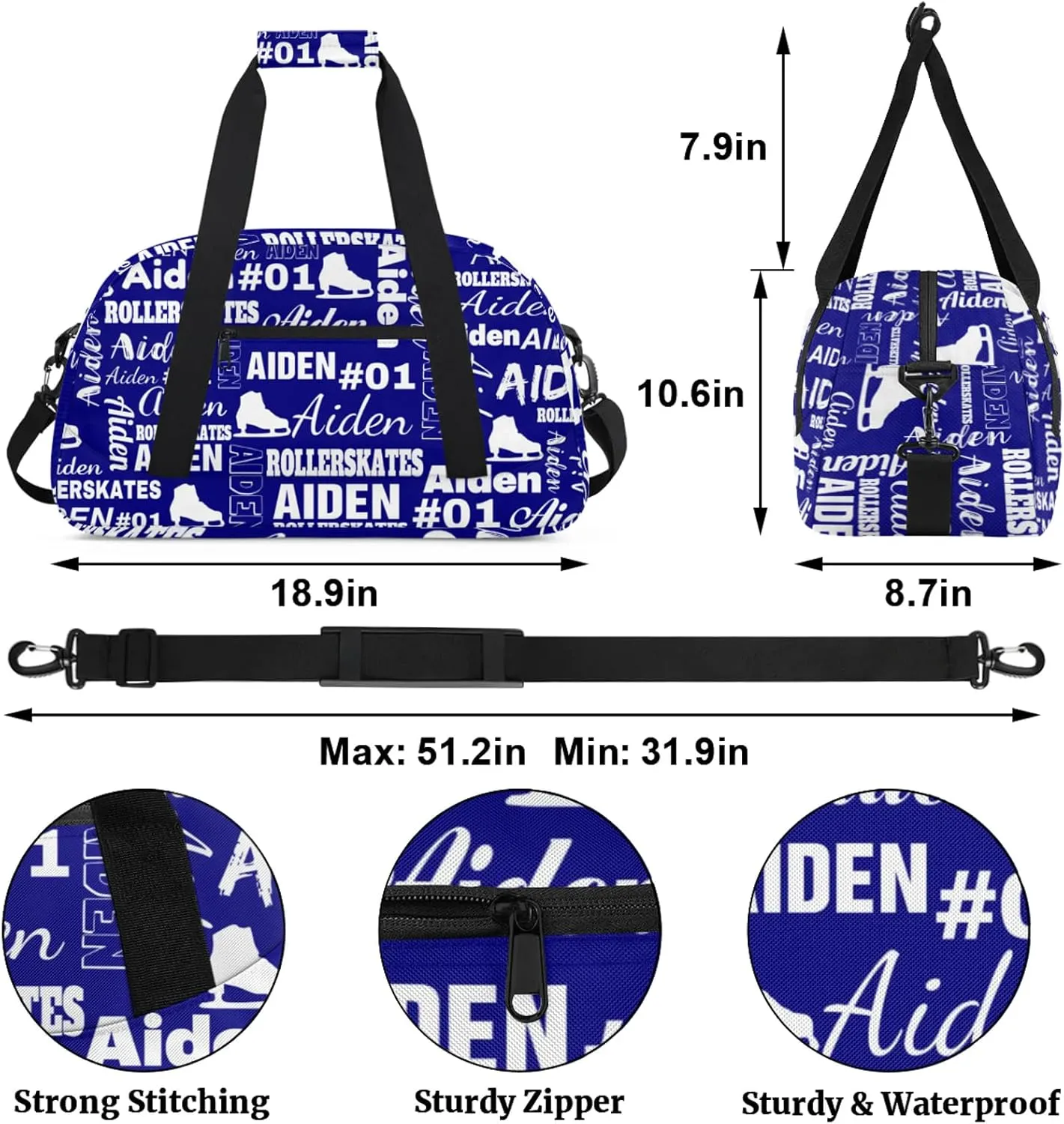 Custom Name Roller Skates Duffle Bags Personalized Number Sports Gym Bag Weekender Overnight Training Bag, Blue