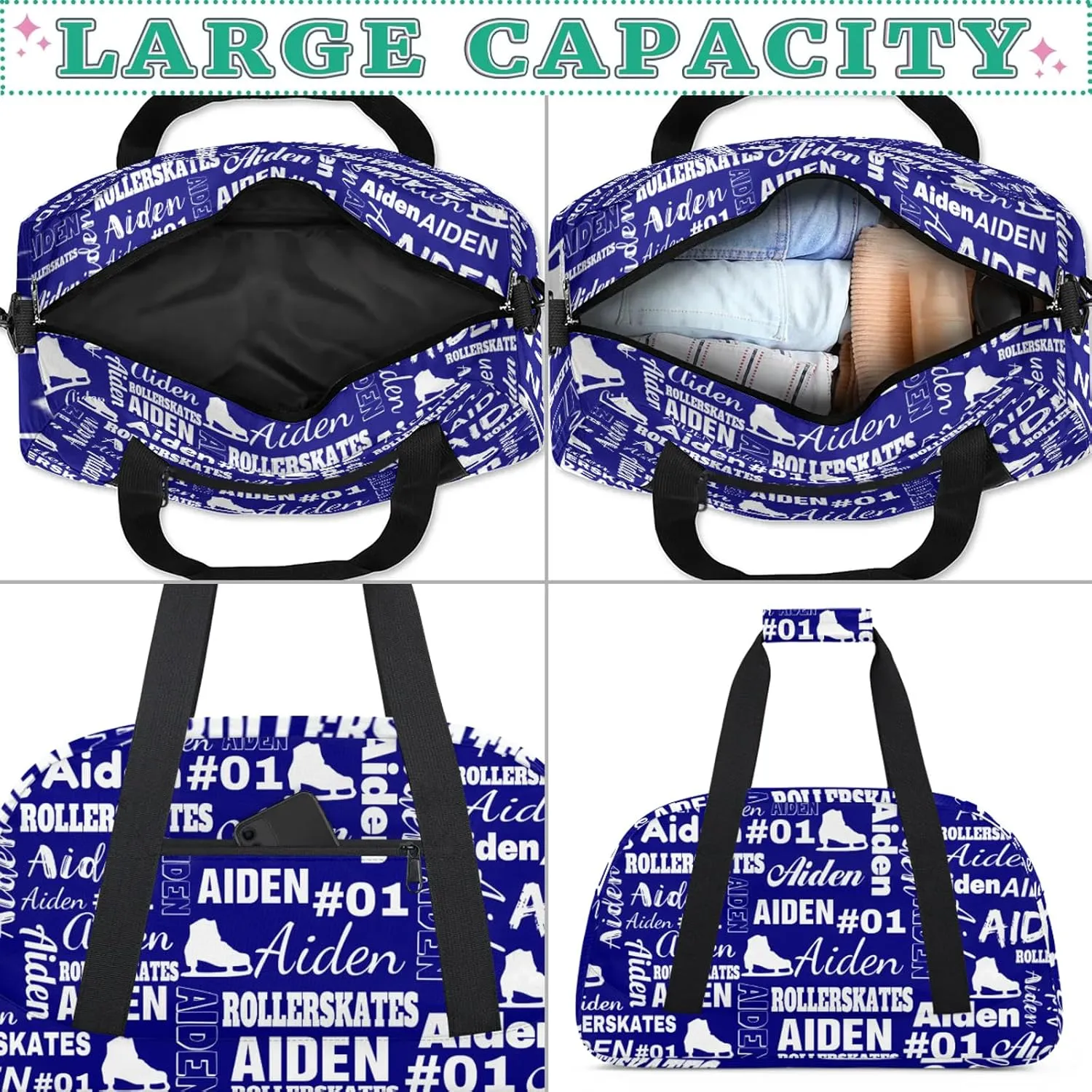 Custom Name Roller Skates Duffle Bags Personalized Number Sports Gym Bag Weekender Overnight Training Bag, Blue