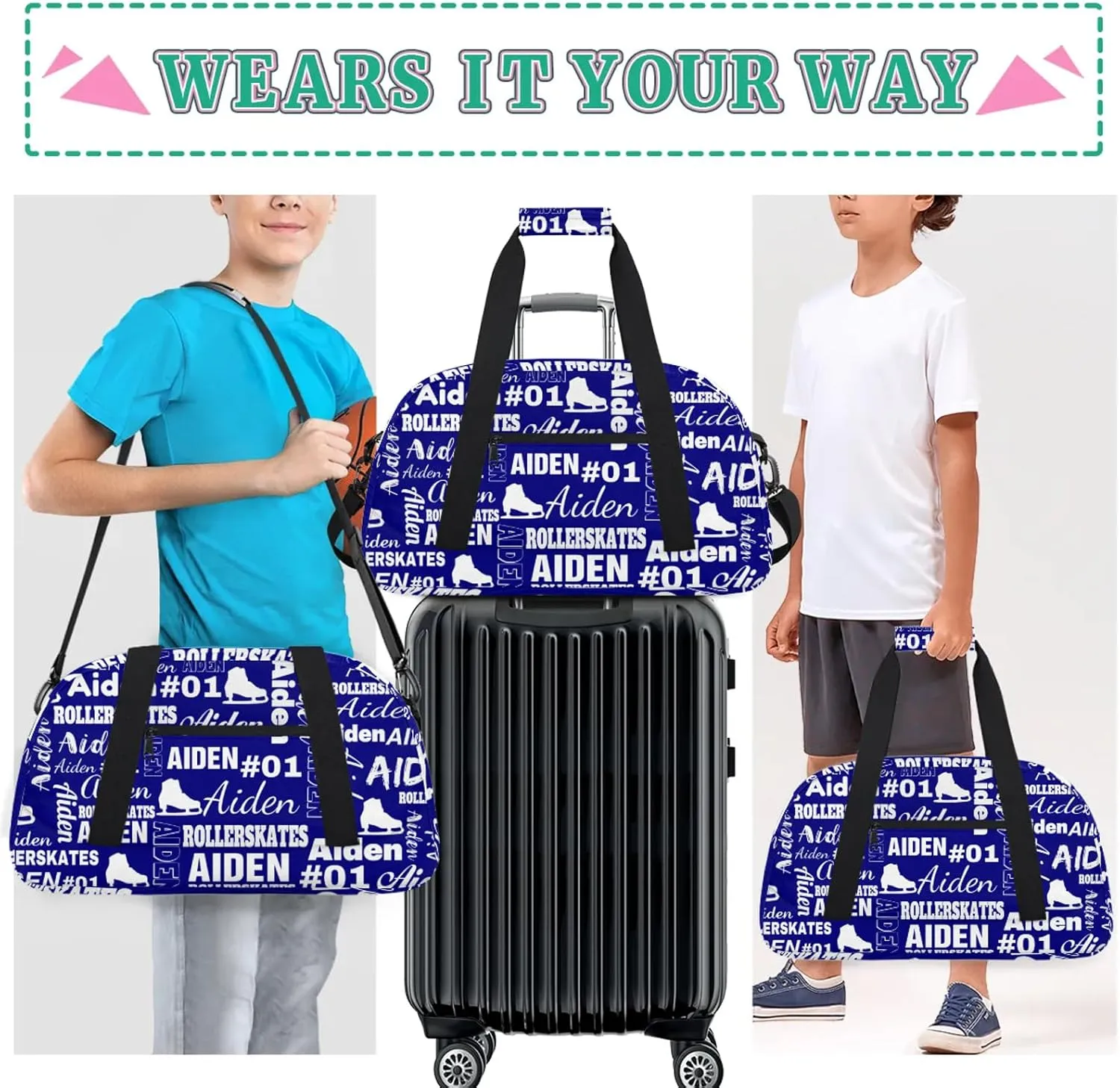 Custom Name Roller Skates Duffle Bags Personalized Number Sports Gym Bag Weekender Overnight Training Bag, Blue