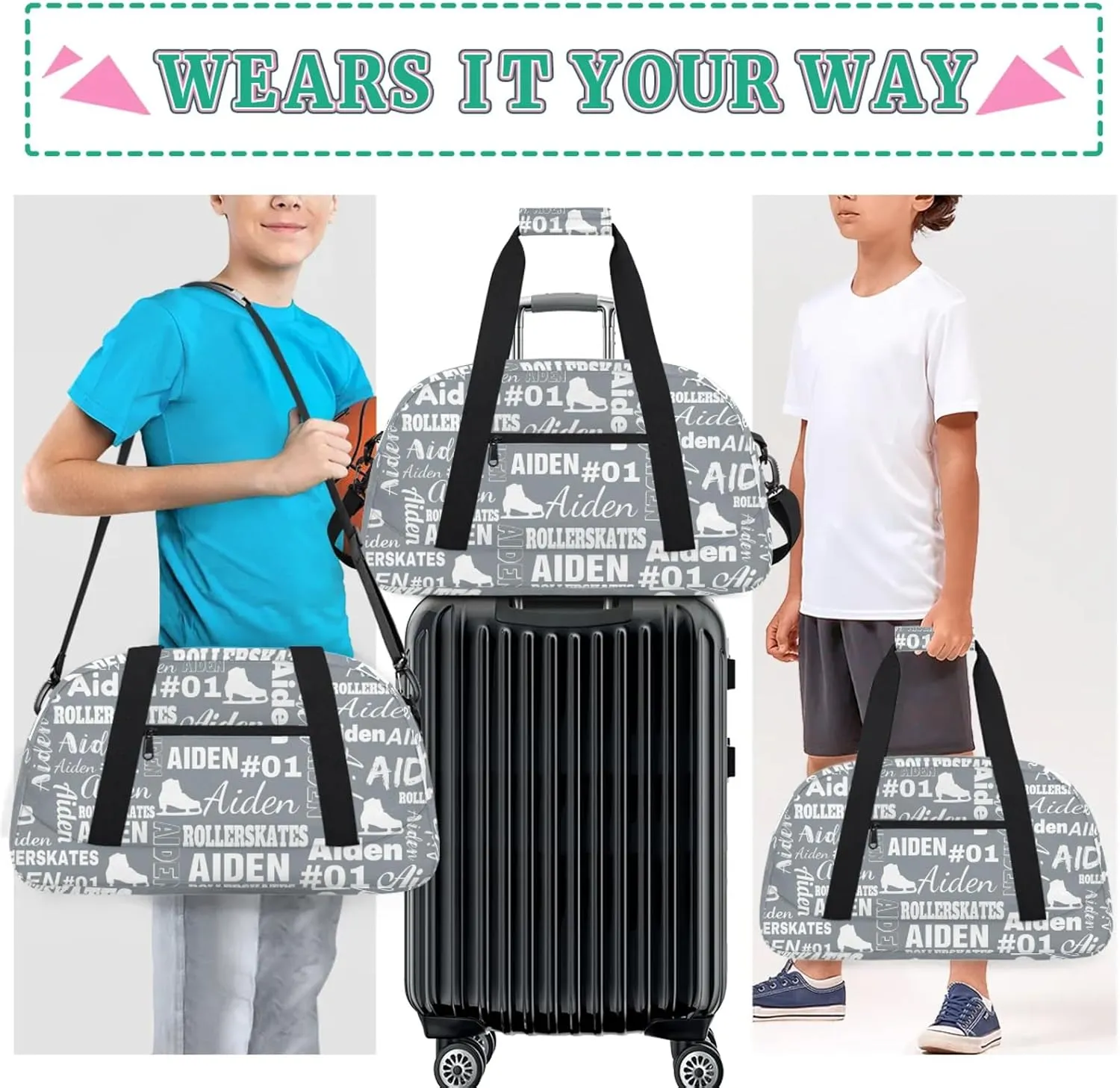 Custom Name Roller Skates Duffle Bags Personalized Number Sports Gym Bag Weekender Overnight Training Bag, Gray