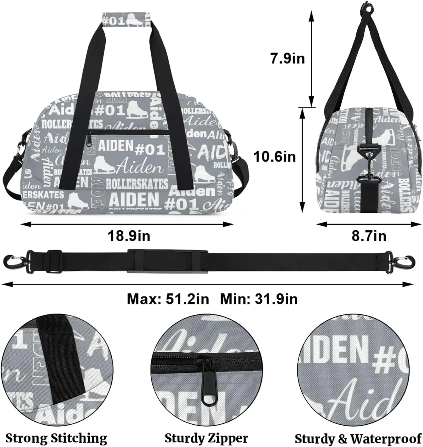 Custom Name Roller Skates Duffle Bags Personalized Number Sports Gym Bag Weekender Overnight Training Bag, Gray