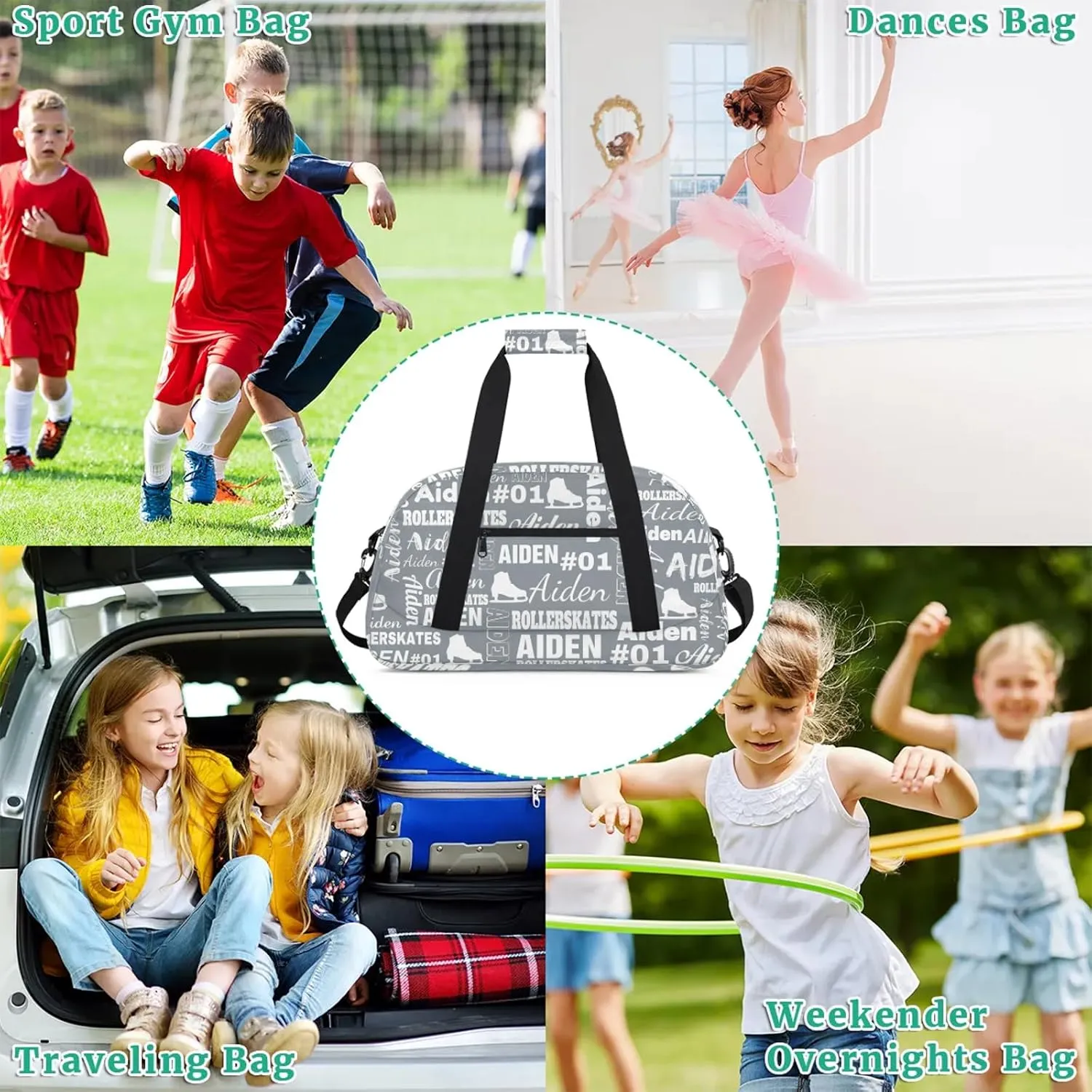Custom Name Roller Skates Duffle Bags Personalized Number Sports Gym Bag Weekender Overnight Training Bag, Gray