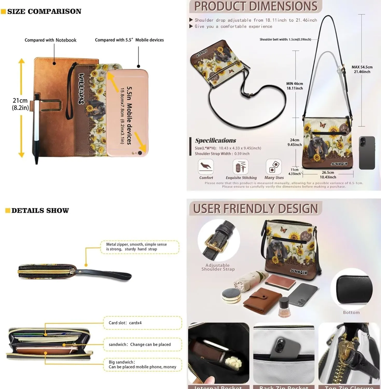 Customized Womens Crossbody Bag with Purse Brown Shoulder Purse and Wallet Set for Shopping Walking