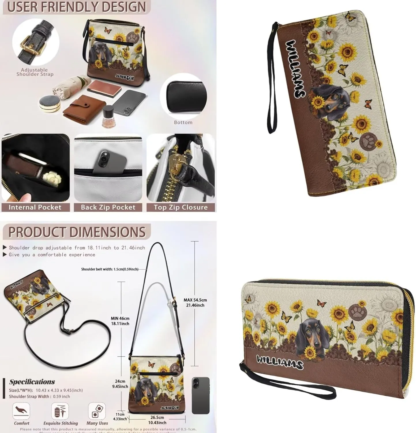 Customized Womens Crossbody Bag with Purse Brown Shoulder Purse and Wallet Set for Shopping Walking