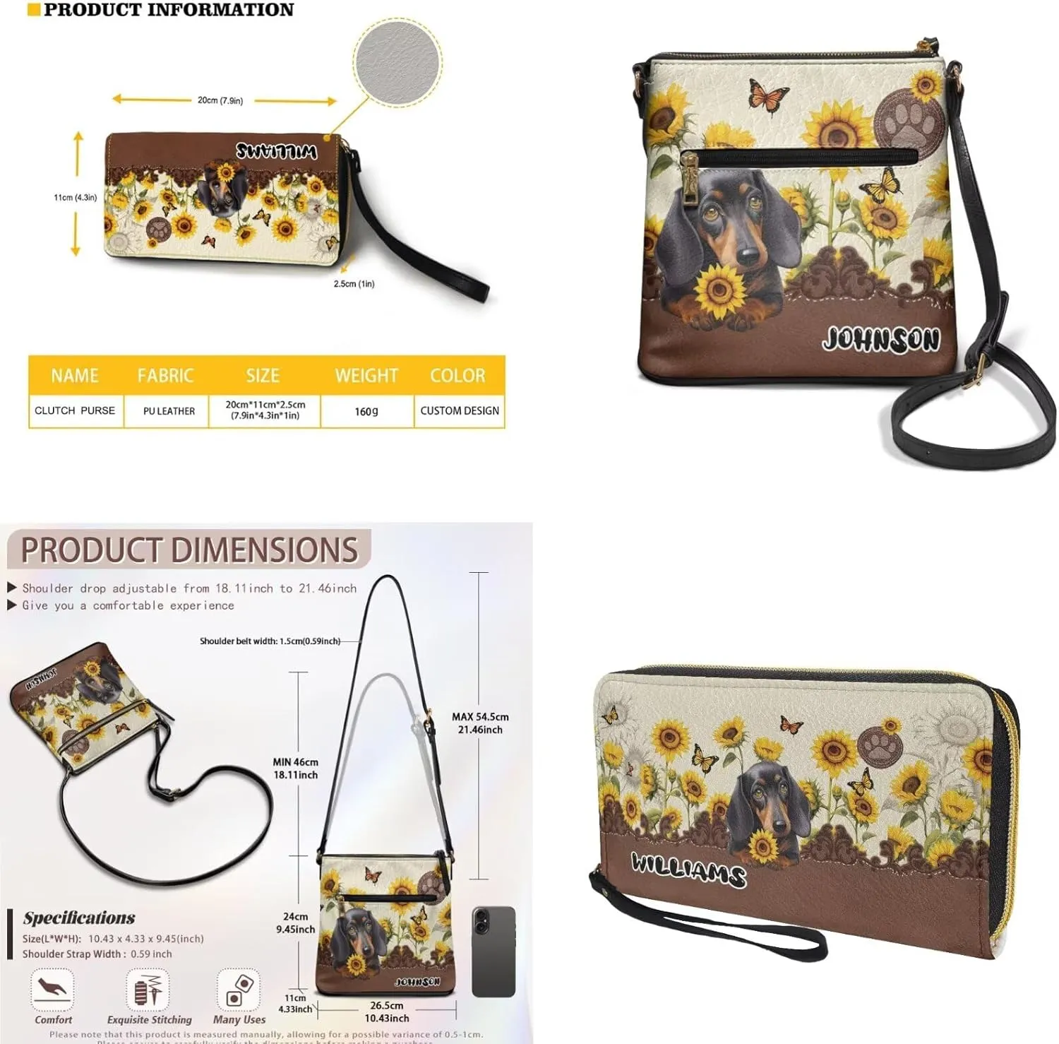 Customized Womens Crossbody Bag with Purse Brown Shoulder Purse and Wallet Set for Shopping Walking