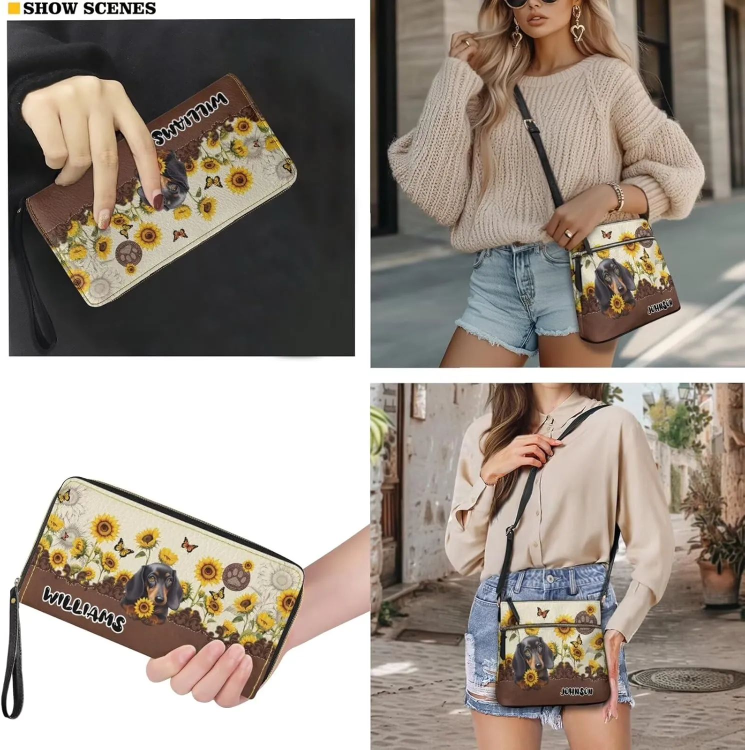 Customized Womens Crossbody Bag with Purse Brown Shoulder Purse and Wallet Set for Shopping Walking