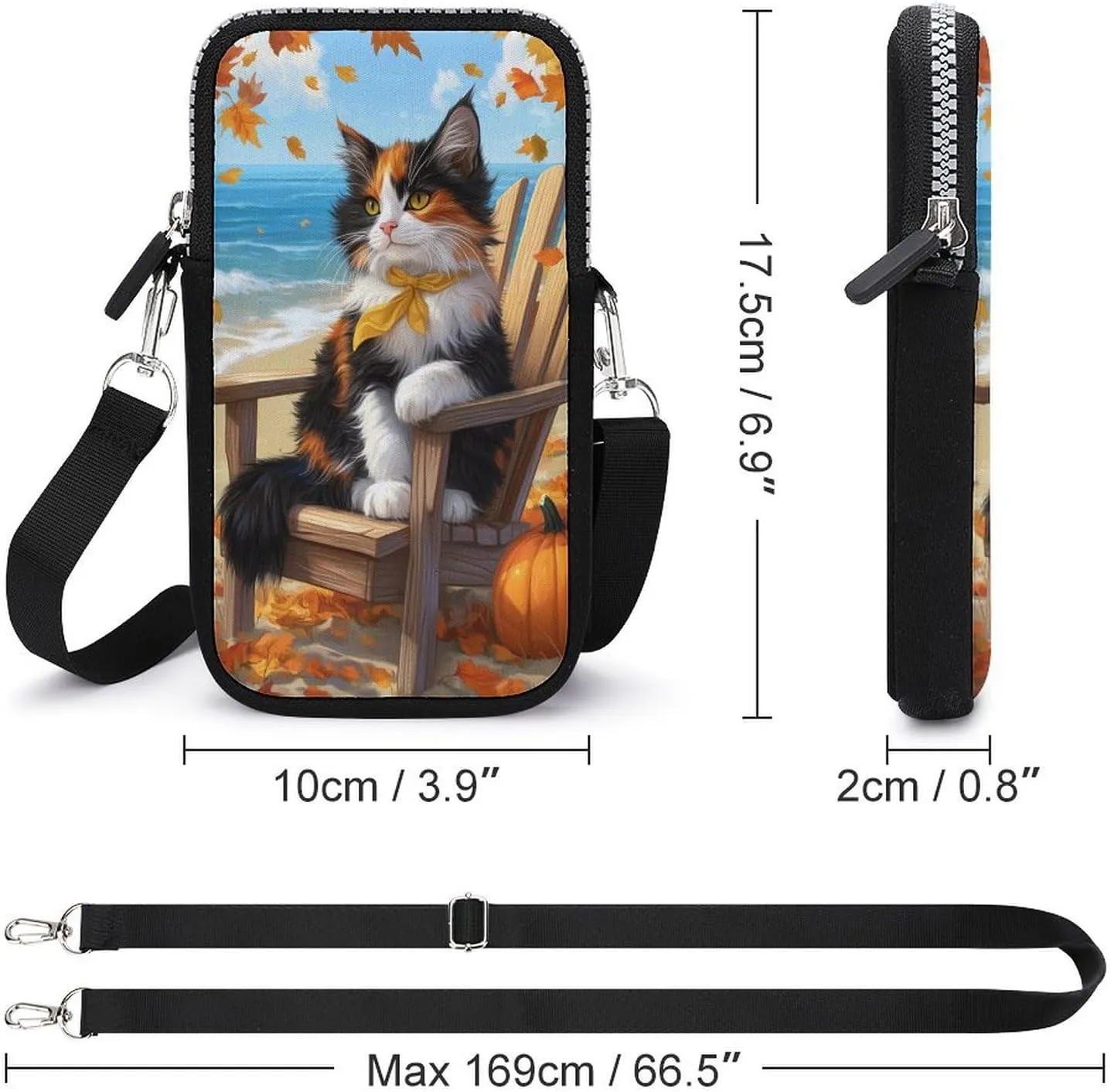 Cute Cat Sitting on Beach Chair Pumpkins Crossbody Mobile Phone Bag Smartphone Bag With Adjustable Strap