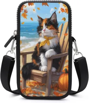Cute Cat Sitting on Beach Chair Pumpkins Crossbody Mobile Phone Bag Smartphone Bag With Adjustable Strap