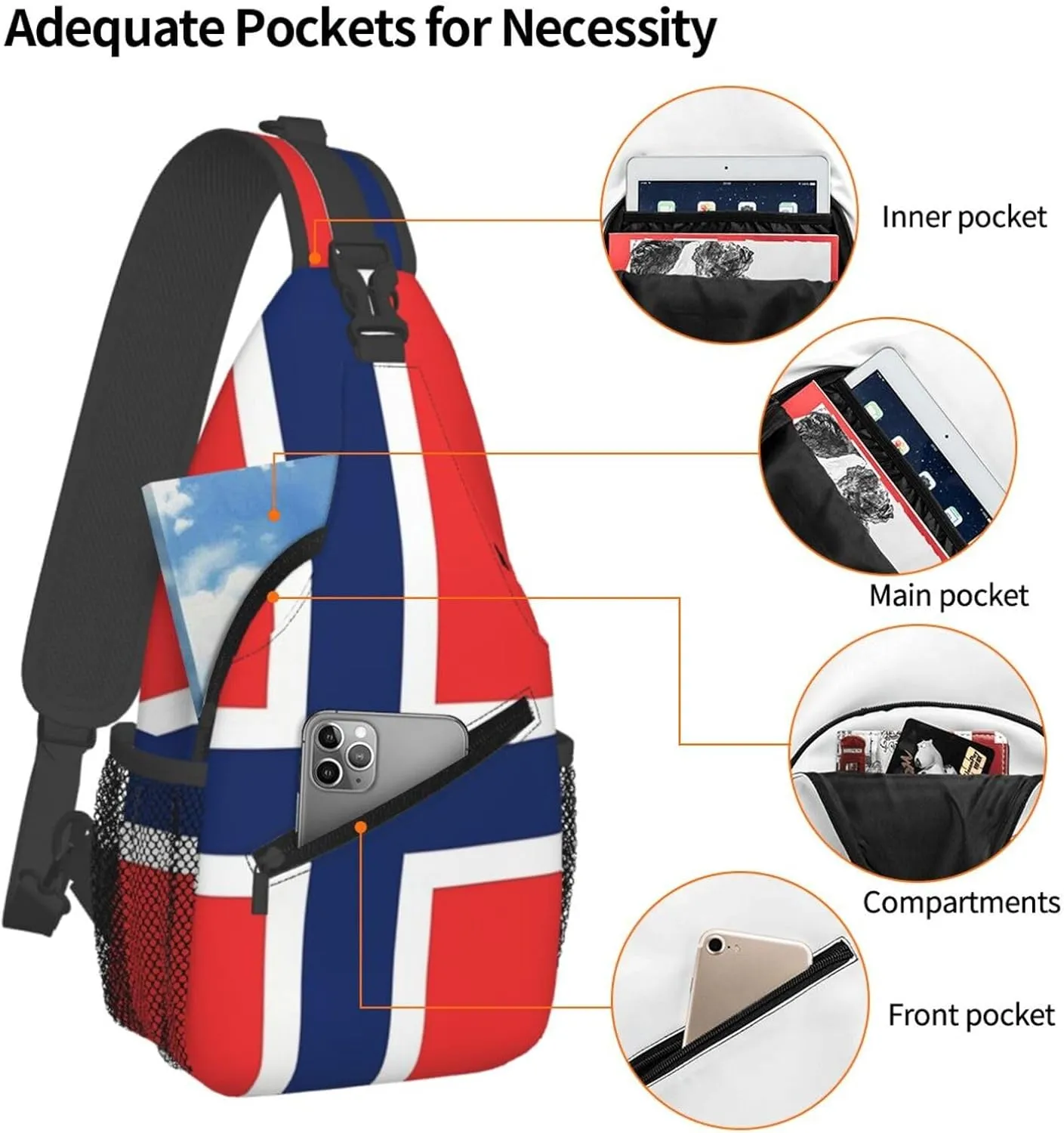 Cute Norway Flag Sling Backpack, Multipurpose Crossbody Shoulder Bag Norwegian Travel Hiking Daypack for Men Women