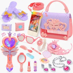 CUTE STONE Little Girls Play Purse with Handbag, Heels, Pretend Makeup Kit, Toy Phone, Light-Up Magic Wand, My First Purse Set with Princess Jewelry, Pretend Play Gift Toys for Kids