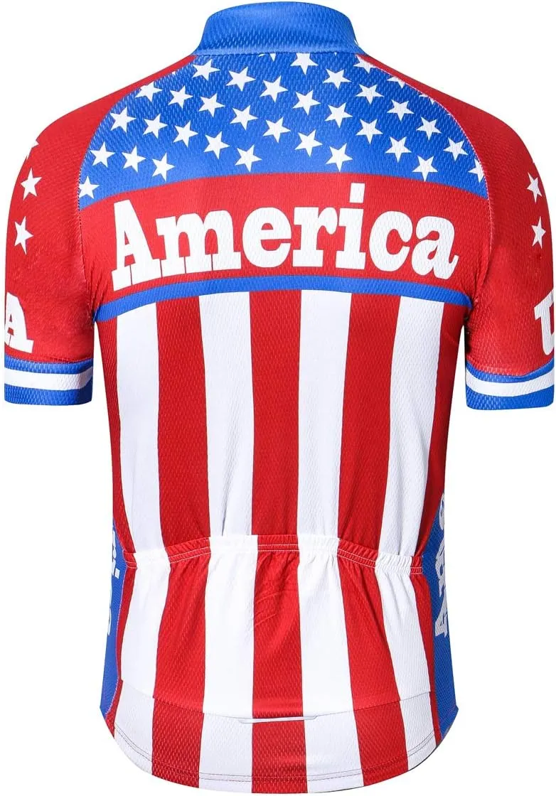 Cycling Jersey Short Sleeve USA Style Bike Tops with Pocket Reflective Stripe