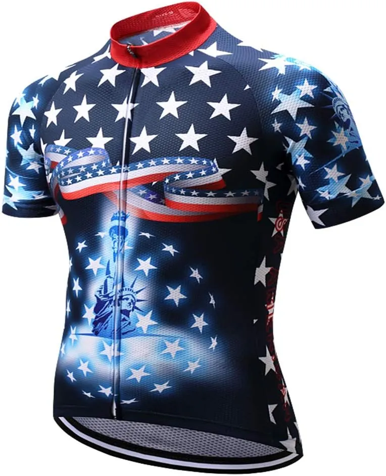 Cycling Jersey Short Sleeve USA Style Bike Tops with Pocket Reflective Stripe